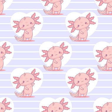 Pembe Axolotl ve açık mavi çizgili arka planı olan kusursuz bir şablon. Komik küçük çizgi film kawaii karakteri. Vektör çizimi. Çocuk koleksiyonu