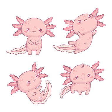 Şirin pembe Axolotl koleksiyonu. İzole edilmiş küçük çizgi film kawaii karakter maskotu hayvan. Vektör illüstrasyonu