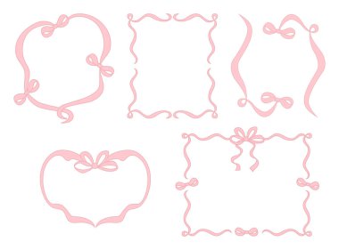 Fiyonklu ve kurdeleli klasik Coquette Frame. Romantik pembe kız havası. Vektör çizimi. Düğün, doğum günü, parti davetiyeleri için münferit moda estetik şablonu
