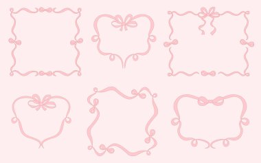 Fiyonklu Vintage Coquette Frame. Pembe kız havası. Vektör çizimi. Münferit Romantik Moda Estetik Şablonu düğün, doğum günü, kart, parti davetiyeleri