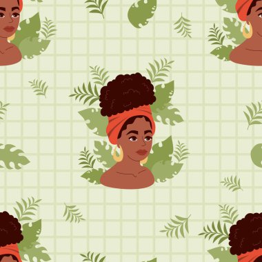 Seamless pattern with Cute pretty African American woman with tropical leaves on green checkered background. Vector illustration in flat style