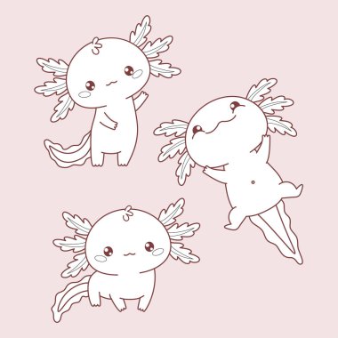 Özet şirin Axolotl seti. İzole edilmiş küçük çizgi film kawaii karakteri. Çizgi çizimi, boyama kitabı. Vektör çizimi. Çocuk koleksiyonu