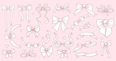 Klasik Coquette Estetik Taslak Kurdele seti. Kaprisli romantik kız havası. Vektör çizimi. Pembe arka planda çeşitli aksesuarlar var. Çizgi el çizimleri