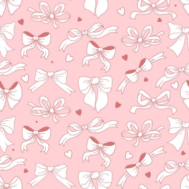 Klasik Coquette Kusursuz Kalıpsız Estetik Kurdele Pembe Arkaplanda Kalpli Bow. Romantik Coquette Kız Vibe. Taslak Moda Kaprisli doğrusal çizim arka planı. Vektör illüstrasyonu