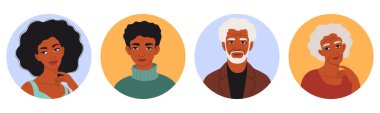 Güzel Afro-Amerikan Kadın ve Erkekleri. Kadın ve Erkek Portresi seti. Farklı yaşlardaki etnik siyahi insanlarla izole edilmiş yuvarlak avatar. Vektör çizimi. Düz biçimli stil Karakteri