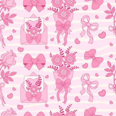 Pembe Vintage Coquette kusursuz desen. Rose, Bow Ribbon, Groovy Distorted Stripe arka planında aşk mektubu olan buket çiçekleri. Romantik kız havası. Modaya uygun estetik zemin. Vektör illüstrasyonu