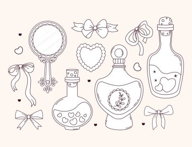 Taslak Vintage Coquette Mirror, Kalpli Sihirli Şişeler ve Kurdele Yaylı Parfüm. Romantik kız havası. Vektör çizimi. İzole edilmiş estetik aksesuarlar ve kozmetik. Çizgi çizimi