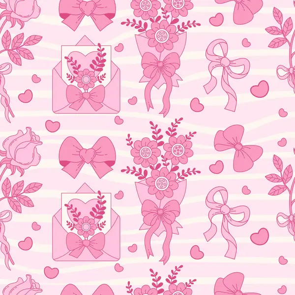 Pembe Vintage Coquette kusursuz desen. Rose, Bow Ribbon, Groovy Distorted Stripe arka planında aşk mektubu olan buket çiçekleri. Romantik kız havası. Modaya uygun estetik zemin. Vektör illüstrasyonu
