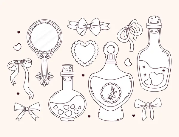 Taslak Vintage Coquette Mirror, Kalpli Sihirli Şişeler ve Kurdele Yaylı Parfüm. Romantik kız havası. Vektör çizimi. İzole edilmiş estetik aksesuarlar ve kozmetik. Çizgi çizimi