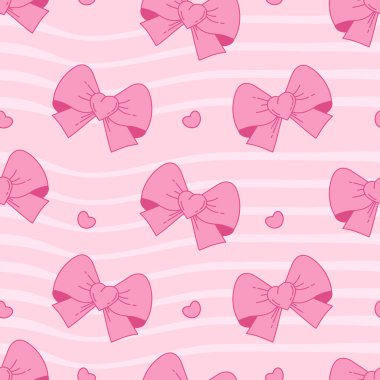 Eski model kusursuz Coquette Pembe Fiyonk Kurdelesi Groovy Distorted Stripe Background 'da. Romantik pembe kız havası. Moda desenli estetik arka plan şablonu. Vektör illüstrasyonu
