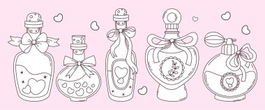 Ana hatlarıyla Coquette Magic Bottles ve Parfüm ve kurdele seti. Romantik kız havası. Vektör çizimi. İzole Estetik Güzellik Aksesuarları ve Kozmetik. Çizgi çizimi, boyama kitabı