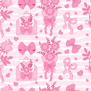 Pembe Vintage Coquette Kusursuz Desen. Gül, kurdele, buket, arkaplanda aşk mektubu.