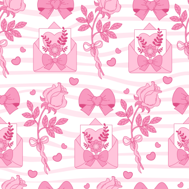 Pembe Vintage Coquette Kusursuz Desen. Bow Ribbon, Rose, buket çiçeği. Romantik kız havası