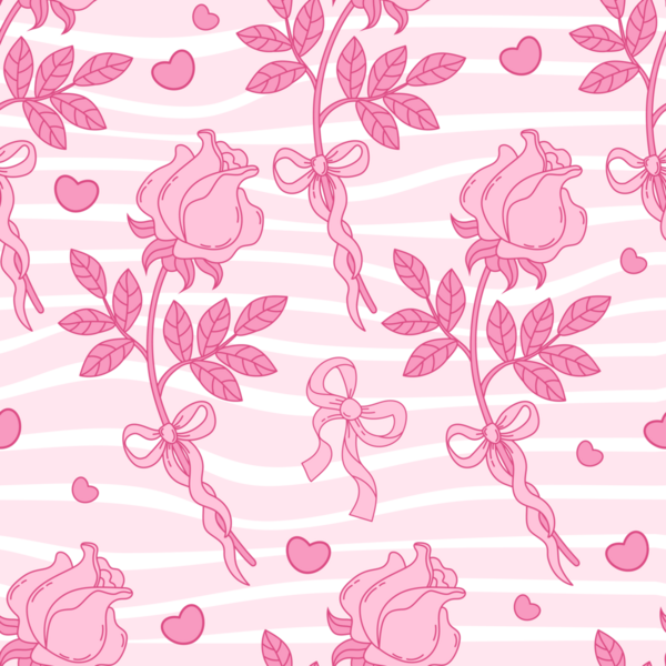 Kusursuz desenli Coquette Pembe Gül ve Kıvrımlı Çizgili Kurdele. Romantik kız havası
