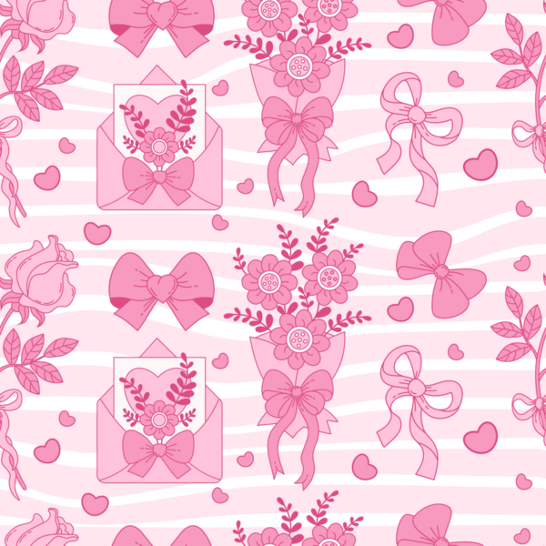 Pembe Vintage Coquette Kusursuz Desen. Gül, kurdele, buket, arkaplanda aşk mektubu.