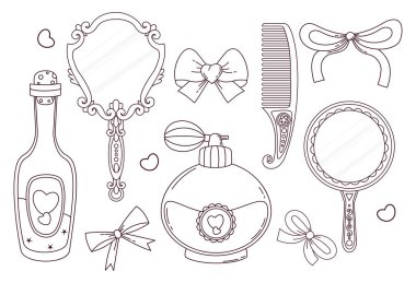 Klasik Coquette Süs Aynası, Tarak, Sihirli Şişe, Parfüm ve kurdele seti. Romantik kız havası. Vektör çizimi. İzole edilmiş estetik aksesuarlar. Çizgi çizimi, boyama kitabı