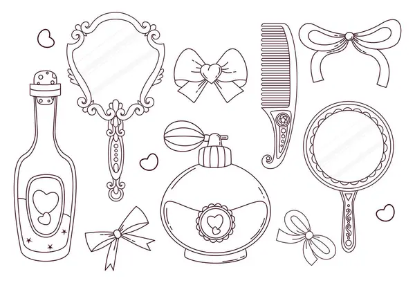 Klasik Coquette Süs Aynası, Tarak, Sihirli Şişe, Parfüm ve kurdele seti. Romantik kız havası. Vektör çizimi. İzole edilmiş estetik aksesuarlar. Çizgi çizimi, boyama kitabı