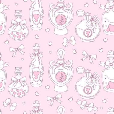 Taslak Klasik Kusursuz Desen. Mantarlı Coquette Magic Bottle ve Pembe Arkaplanda kurdeleli Parfüm. Romantik kız havası. Modaya uygun bir estetik şablon. Vektör çizimi. Çizgi çizimi