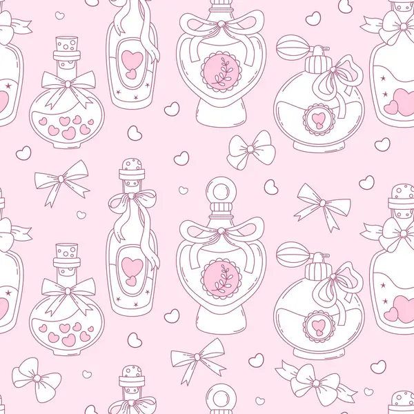 Taslak Klasik Kusursuz Desen. Mantarlı Coquette Magic Bottle ve Pembe Arkaplanda kurdeleli Parfüm. Romantik kız havası. Modaya uygun bir estetik şablon. Vektör çizimi. Çizgi çizimi