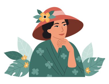 Geniş kenarlı şapkalı ve çiçekli yeşil kimonolu, badem şeklinde gözleri olan zarif Asyalı kadın. Düz biçimli Vektör İllüstrasyonu