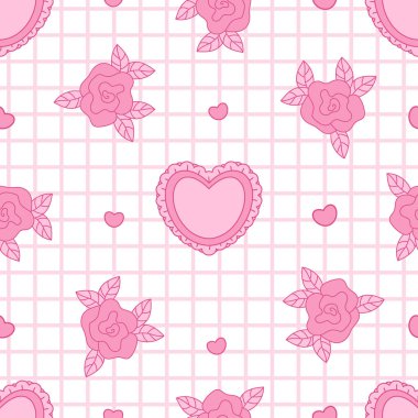 Kareli beyaz arka planda, kusursuz pembe gül ve vintage kalp deseni. Romantik kız havası. Modaya uygun estetik çiçek desenli arka plan şablonu. Vektör illüstrasyonu