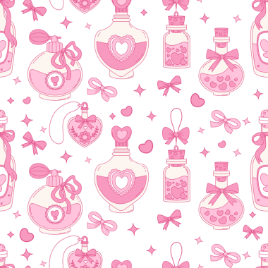 Klasik Pembe Pembe Şablon. Kurdeleli Coquette Magic Bottles ve Parfüm. Kız Titreşimi