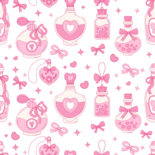 Klasik Pembe Pembe Şablon. Kurdeleli Coquette Magic Bottles ve Parfüm. Kız Titreşimi