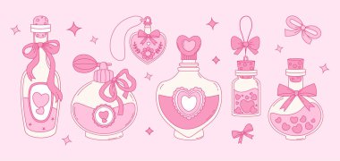 Klasik Coquette Pembe Sihirli Şişeler ve kurdele setiyle parfüm. Romantik kız havası. Vektör çizimi. İzole Estetik Güzellik Aksesuarları ve kozmetik ürünleri şişe mantarlı cam şişelerde