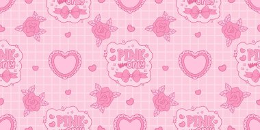 Pembe Coquette kusursuz desen. Ribbon Bow, Rose and Vintage Heart 'la Motivasyonel Alıntı Mektubu. Romantik kız havası. Modaya uygun bir estetik şablon. Vektör illüstrasyonu