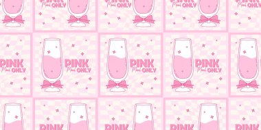 Kusursuz desenli pembe Coquette cam içeceği. Groovy Twisted Checkered arka planında klasik Estetik Kokteyl. Romantik kız havası. Moda arka plan şablonu. Vektör yatay illüstrasyonu