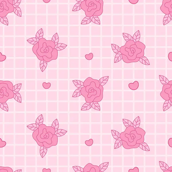 Pembe Coquette pürüzsüz desenli pembe gül kareli arka planda, kalpli. Romantik kız havası. Modaya uygun estetik çiçek desenli arka plan şablonu. Vektör illüstrasyonu