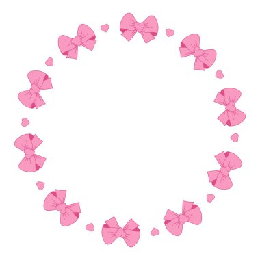 Coquette Pembe Fiyonk Yay ve Kalp Çemberi. Klasik zarif yuvarlak kenarlı. Romantik kız havası. Tasarım, düğün, davet, kart için vektör illüstrasyonu