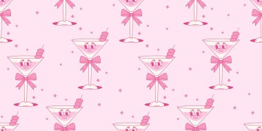 Kusursuz desenli Pembe Şahane Kokteyl Kokteyli Karakteri. Klasik Estetik İçecek Martini. Romantik kız havası. Moda arka plan şablonu. Vektör yatay çizimi 70 'ler, 80' ler