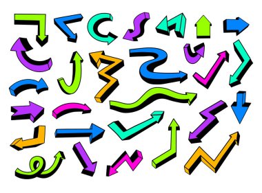 Basit Renk Yönlü Oklar Çizimleri. Parlak Voluminous Çizgileri İşaret Yönleri Sağ Sol Eğik Geriye İzole edilmiş Vektör El Çizimi. İşaretçi simgelerini kavra 