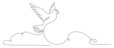 Bulutlarda Uçan Güvercin. Tek bir Devamlılık Hattı. Barış ve Özgürlüğün Güvercin Kuşu Sembolü, Pentecost. Basit Doğrusal Çizim. Vektör İllüstrasyonu. El Çizgisi Sanatı