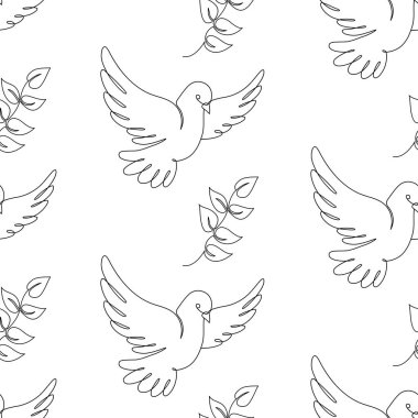 Beyaz Arkaplanda şubesi olan kusursuz uçan güvercin kuşu. Bir adet Aralıksız Çizgi Çizimi. Vektör İllüstrasyonu. Basit Doğrusal Biçimli Barış ve Özgürlüğün Güvercin Sembolü