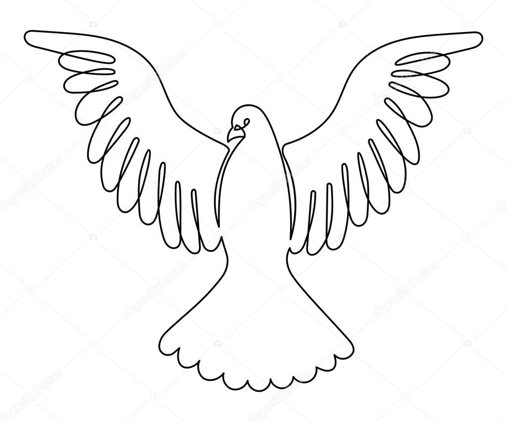 Flying Dove Bird. One Continuous Line Drawing. Pigeon Symbol of Peace and Freedom, Pentecost in Simple Linear Style. Line Art. Vector Illustration. Hand Drawn Doodle Monoline