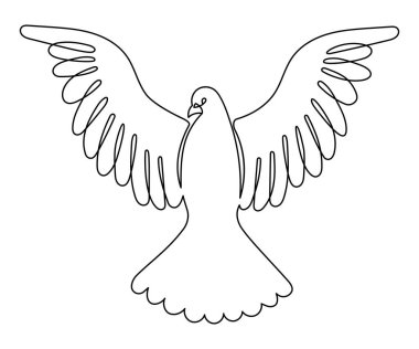 Uçan güvercin kuşu. Bir adet Aralıksız Çizgi Çizimi. Barış ve Özgürlüğün Güvercin Sembolü, Basit Doğrusal Stil Pentekost. Çizgi Sanat. Vektör İllüstrasyonu. El Çizimi Karalama Monolini