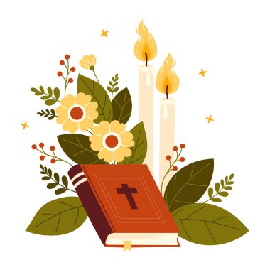Din ve İnanç. Kutsal yazıtlar, yanan mumları, çiçekleri ve yaprakları olan İncil kitabı. Dini tatiller için vektör ilüstrasyonu. Ruhani yaşamın, umudun, ışığın ve inancın evrensel sembolü.