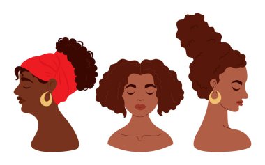 Afro-Amerikan kadın seti. Kıvırcık saç stili ve başörtüsü olan hoş bir kadın. İzole edilmiş etnik köken portresi avatarı. Düz biçimli vektör illüstrasyonu