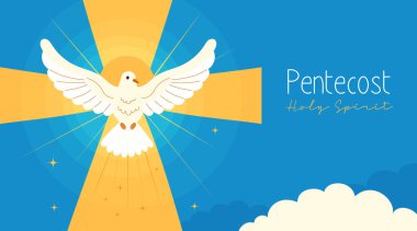 Pentecost Pazar Kutsal Ruh. Mavi Arkaplan Sancağında Cross 'lu ilahi güvercin. Katolikler, Hıristiyanlar Dini Tatil. İncil Serisi için Yatay Poster. İniş sayfası. Vektör İllüstrasyonu