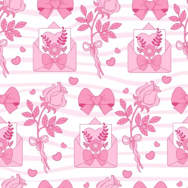 Pembe Vintage Coquette kusursuz desen. Bow Ribbon, Rose, buket çiçekleri, Groovy Distorted Stripe beyaz arka planda aşk mektubu. Romantik kız havası. Modaya uygun estetik zemin. Vektör illüstrasyonu