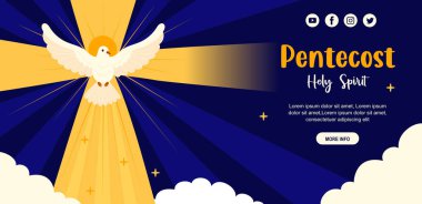 Pentecost Pazar Kutsal Ruh. Mavi Arkaplanda İlahi Güvercin. Yatay Sancaklı Web Sitesi Başlığı, Navigasyon Menüsü. İniş Sayfası. Tepkili tasarım. Din tatili. İncil gibi. Vektör İllüstrasyonu