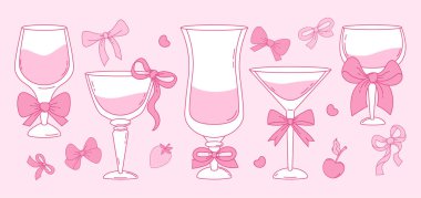 Klasik Coquette Pembe içecekler ve kokteyller. Kurdeleli böğürtlenli estetik gözlük. Romantik kız havası. Bekarlığa veda partisi ve düğün davetiyeleri için son moda sanat eserleri. Vektör illüstrasyonu