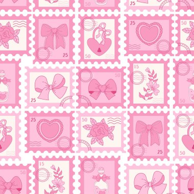 Pembe Coquette Kusursuz Şablon. Kurdeleli Romantik Posta Damgası, Rose and Vintage Heart, Padlock, Magic Bottle Parfümü. Kız havası. Sevgililer Günü için Vektör Estetik Arkaplan Şablonu Tasarımı