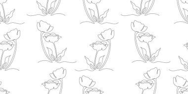 Beyaz Arkaplanda Yaprakları Olan Kusursuz Desensiz İki Çiçek. Bir adet Aralıksız Çizgi Çizimi. Yatay Minimalist Zarif Çiçek Şablonu. Basit Doğrusal Biçimli Vektör İllüstrasyonu
