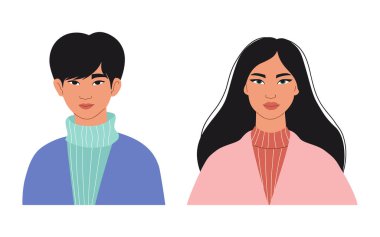 Doğulu Genç Adam ve Uzun Saçlı Güzel Kız. İzole edilmiş Modern Erkek ve Kadın Portreleri. Beyaz arka planda badem şekilli gözleri olan Doğu Asyalılar. Düz biçimli vektör illüstrasyonu