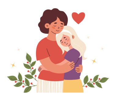 Kızıyla birlikte mutlu bir anne. Aile ve Anneler Günü 'nün şenlikli tasarımı için vektör illüstrasyonu 