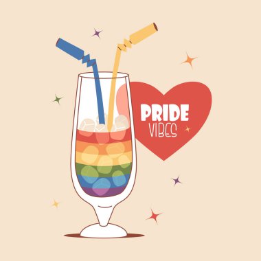 Gökkuşağı Gurur Kokteyli, Pipet ve Kalpli. Renkli LGBTQ Kutlama İçkisi, buz küpleriyle. LGBT topluluğu. Gurur Ayı. Tatil kartı. Vektör illüstrasyonu