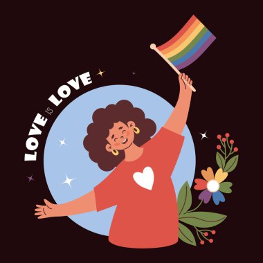 Mutlu Kadın Gökkuşağı Tutan Gurur Bayrağı LGBTQ. Şenlikli kartpostal. Aşk aşktır. Düz Vektör İllüstrasyonu. Gurur Ayı, birlik, çeşitlilik ve eşit sevgi için renkli, neşeli LGBT destek görüntüsü 